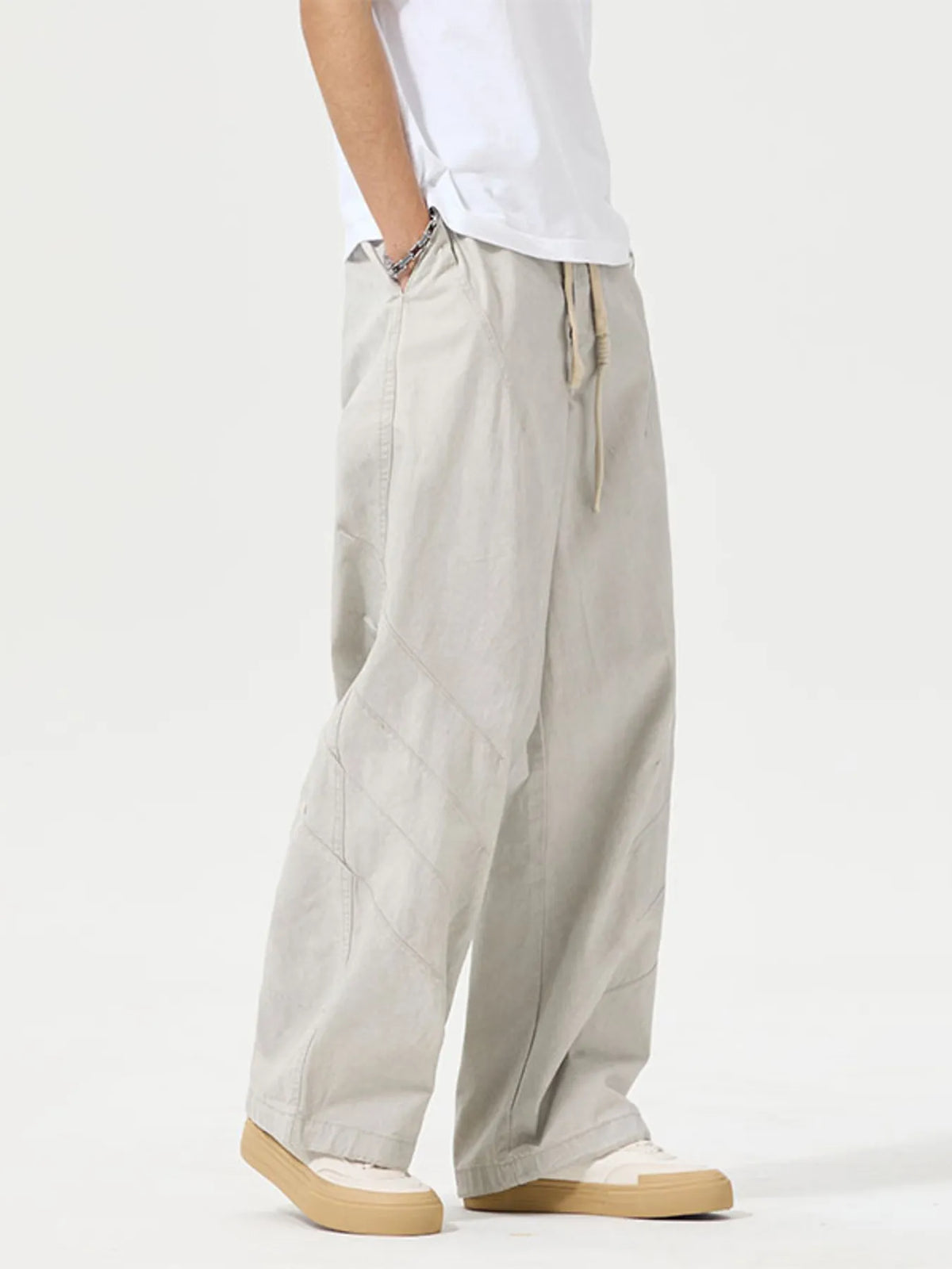 Men's Full Size Wide Leg Drawstring Pants Plus Size in Off-white, view 2