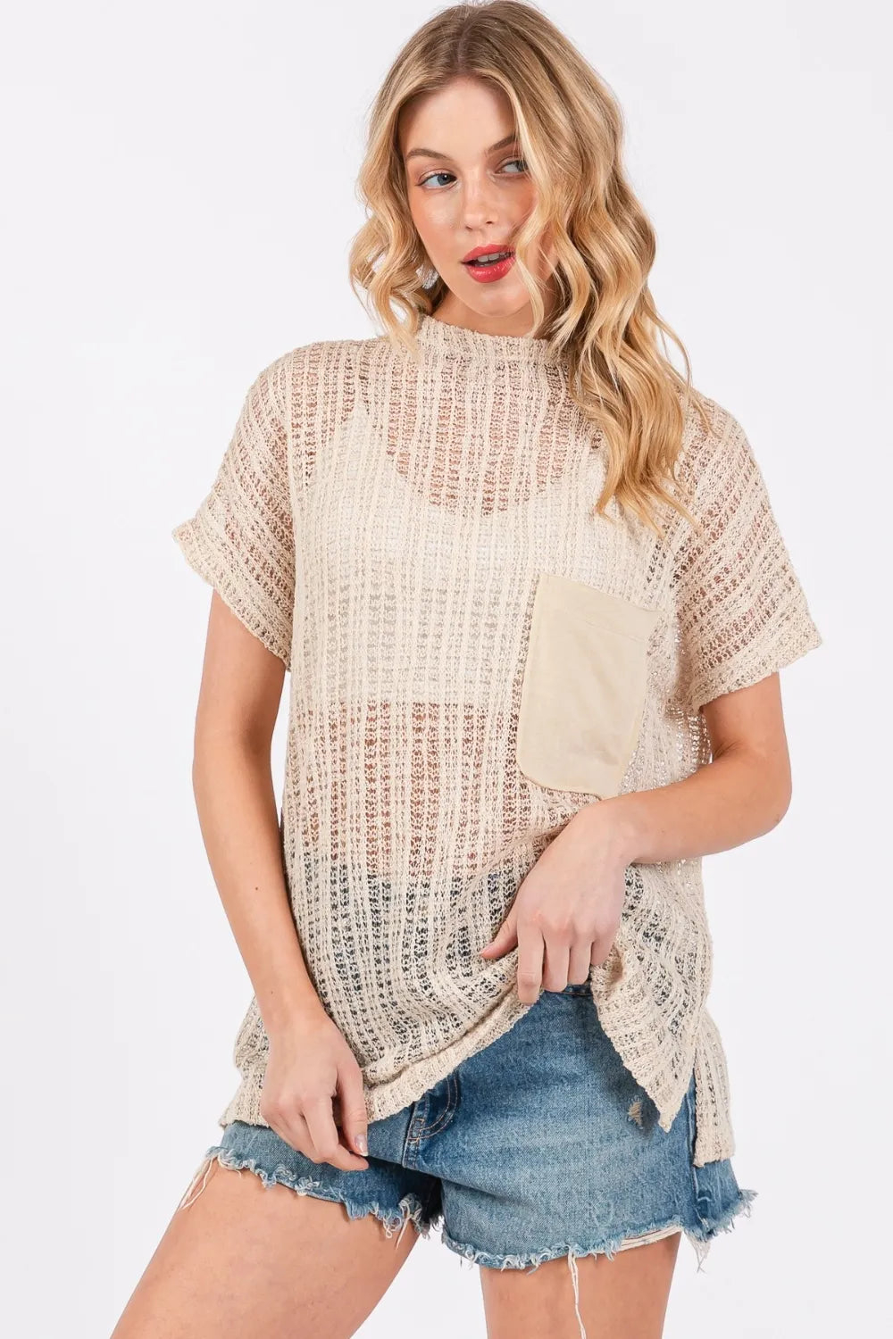 Ces Femme See Through Crochet Mock Neck Cover Up - Lilixa.store
