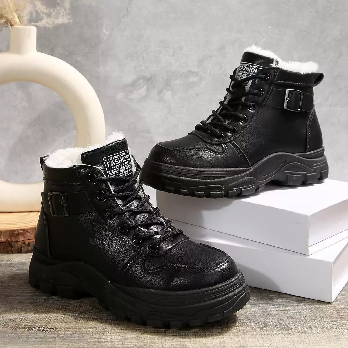 Lace-Up Ankle Boots with Buckle Detail