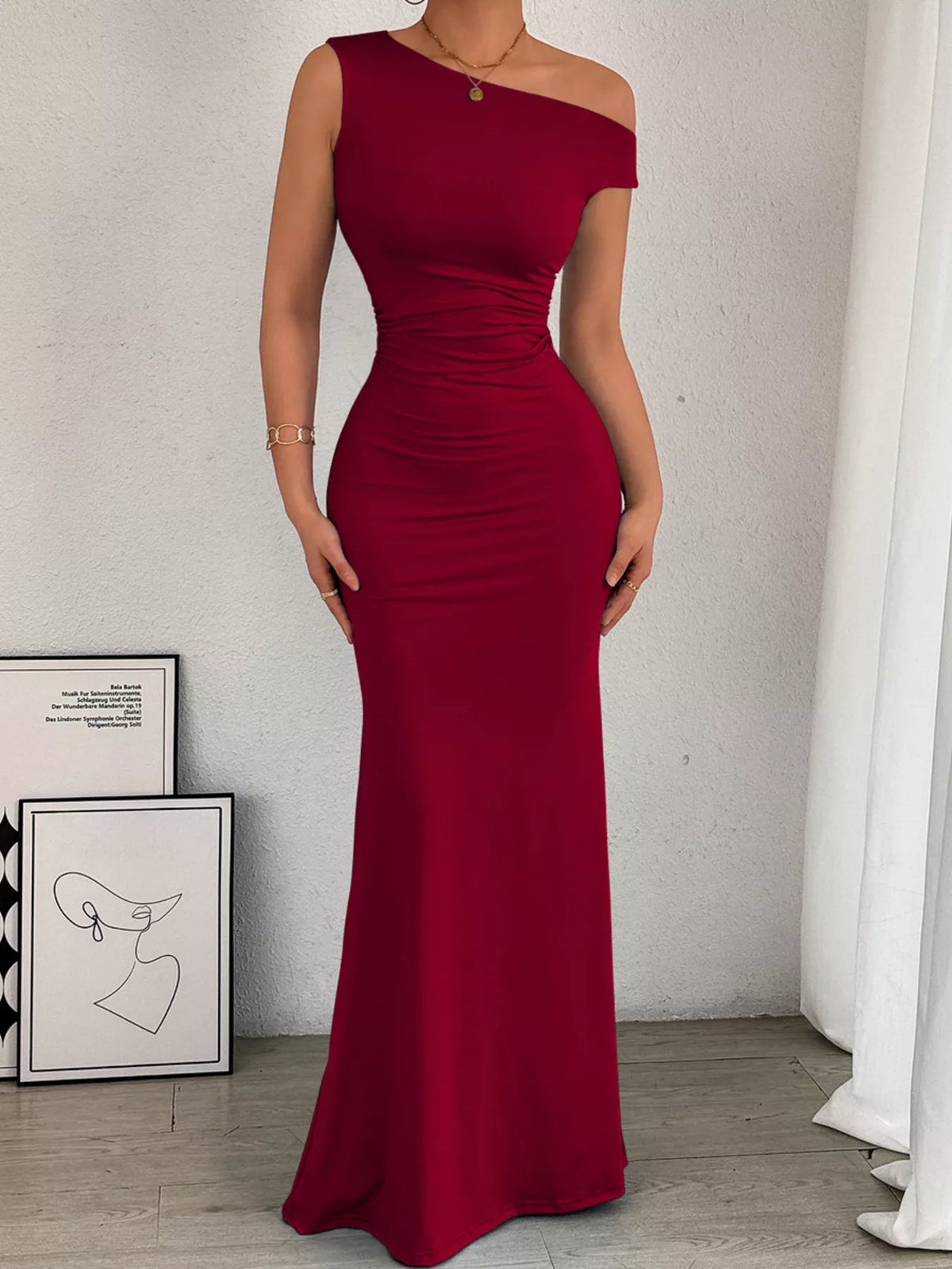 One-Shoulder Ruched Bodycon Maxi Dress in Burgundy