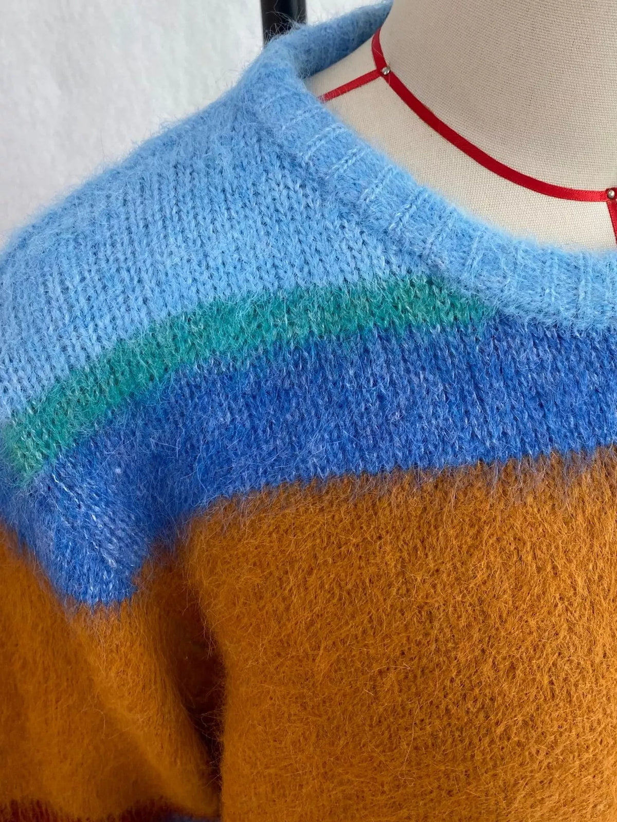 Fuzzy Striped Crew Neck Sweater in Blue, view 8