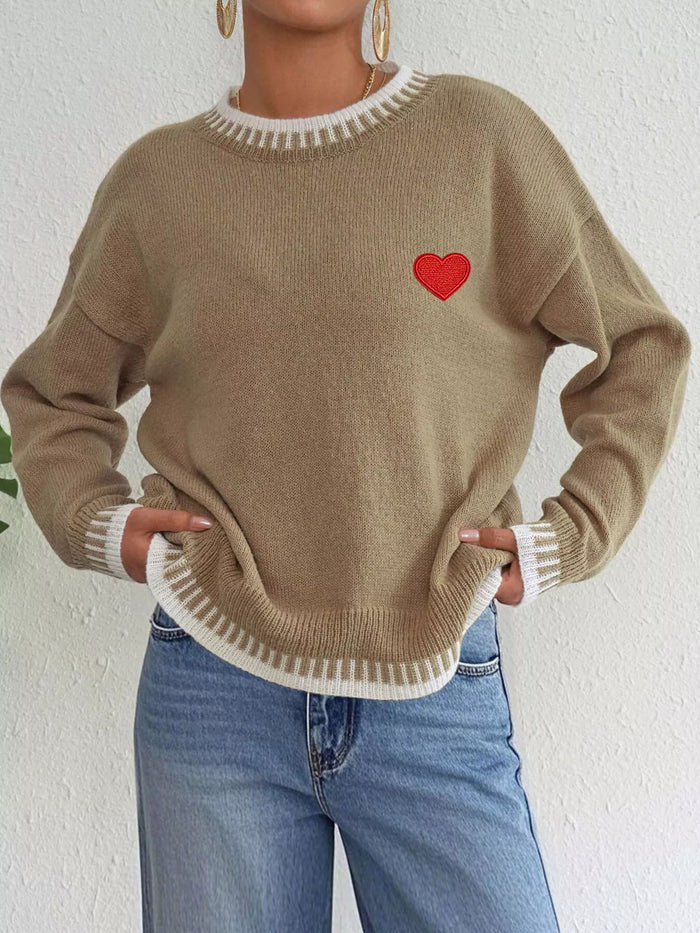 Heart-Embroidered Contrast Trim Sweater in Camel