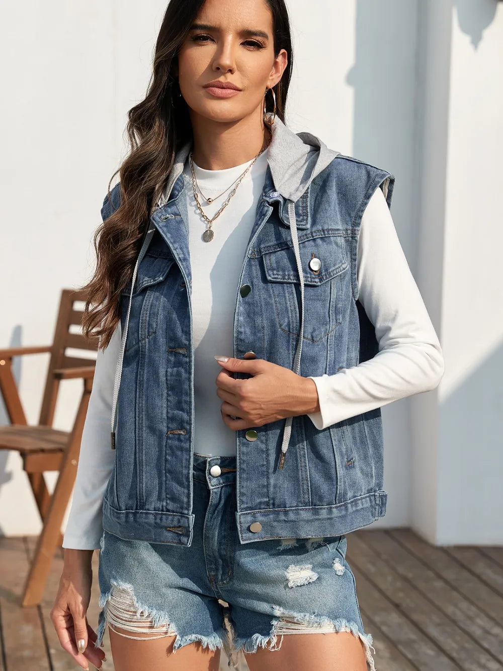 Pocketed Button Up Hooded Denim Jacket in Black, view 6
