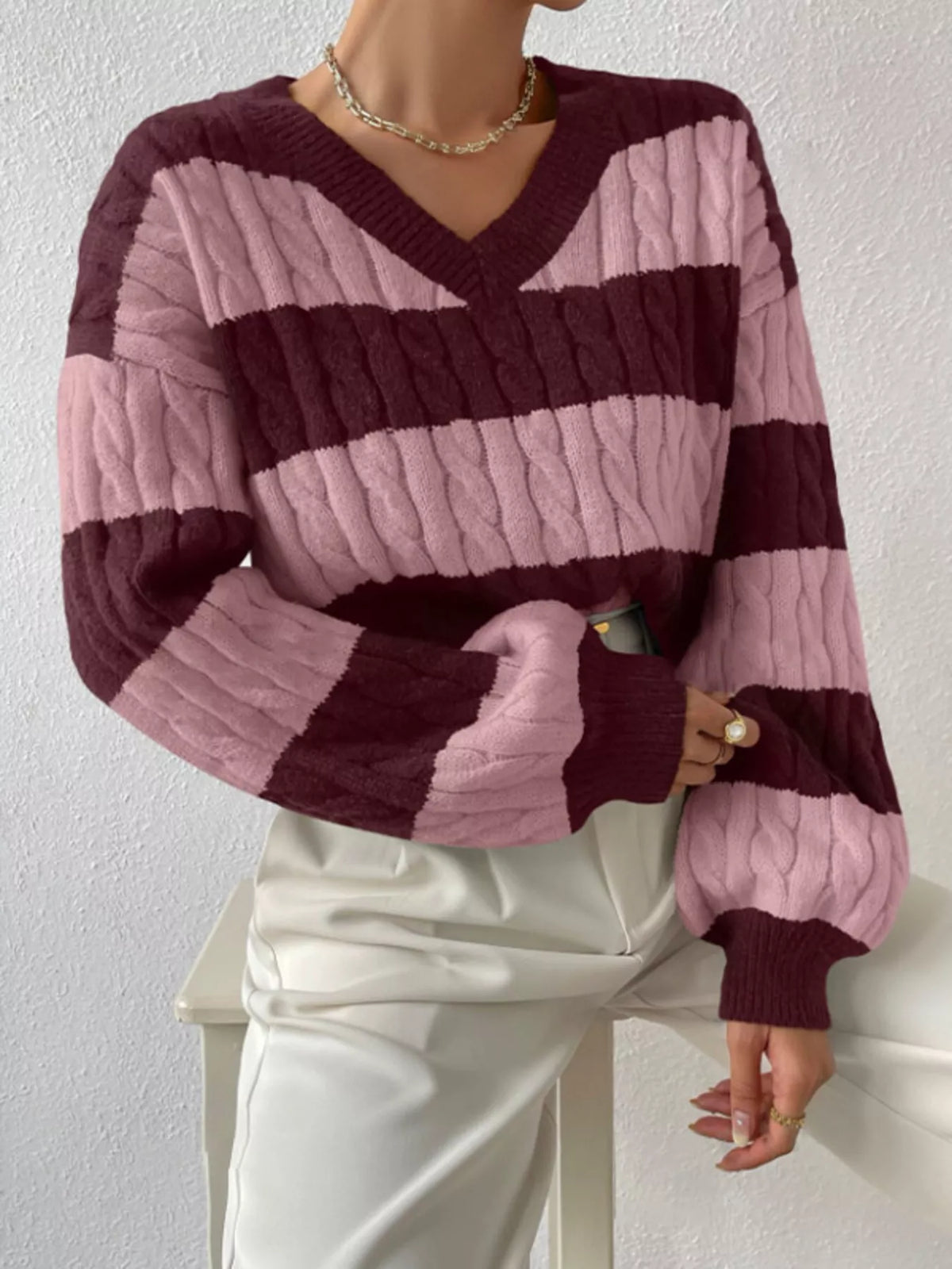 V-Neck Striped Cable Knit Sweater