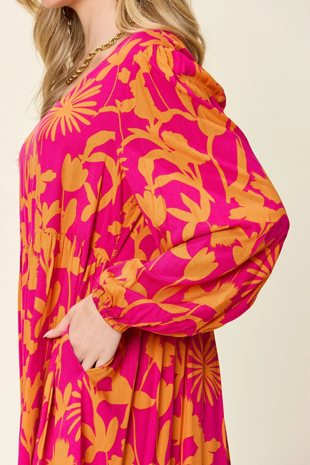 Double Take Full Size Printed Ruffle Hem Dress with Pocket - Lilixa.store
