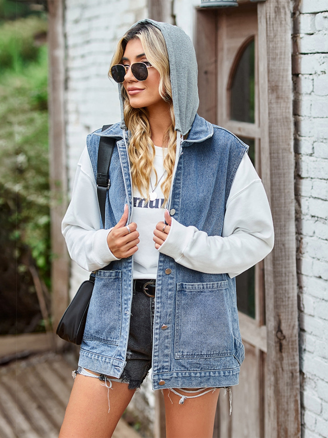 Button Up Sleeveless Denim Jacket with Pockets in Black, view 2