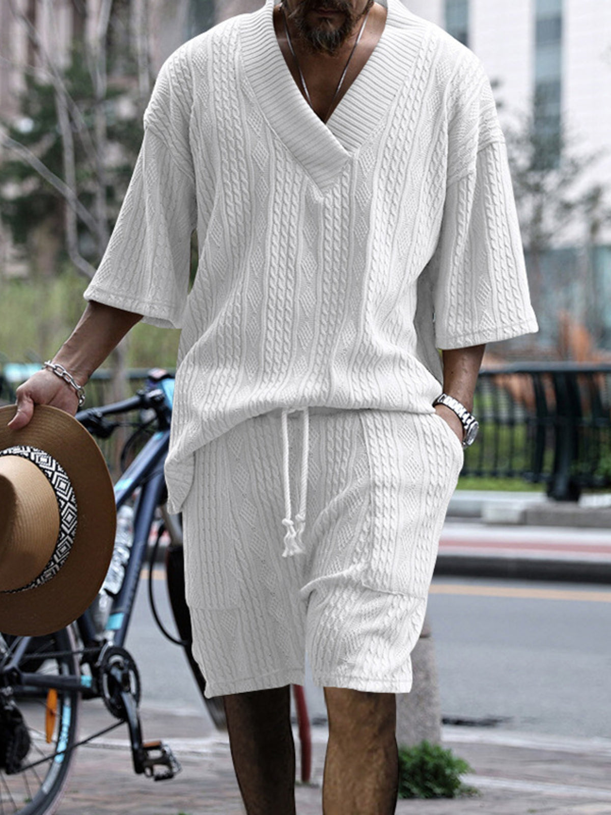 Men's Full Size Casual Knit V-Neck Short Sleeve Top and Shorts Set Plus Size - Lilixa.store