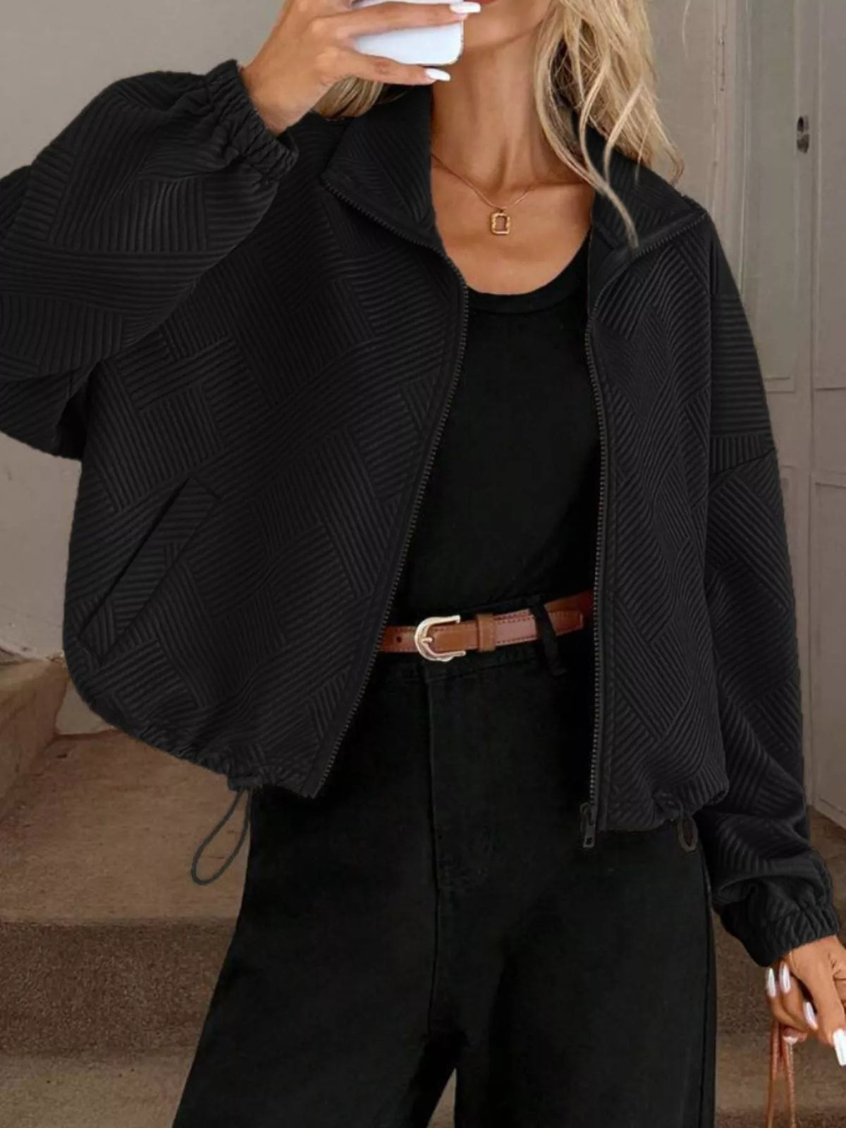 Textured Zip-Up Drawstring Hem Jacket, view 7