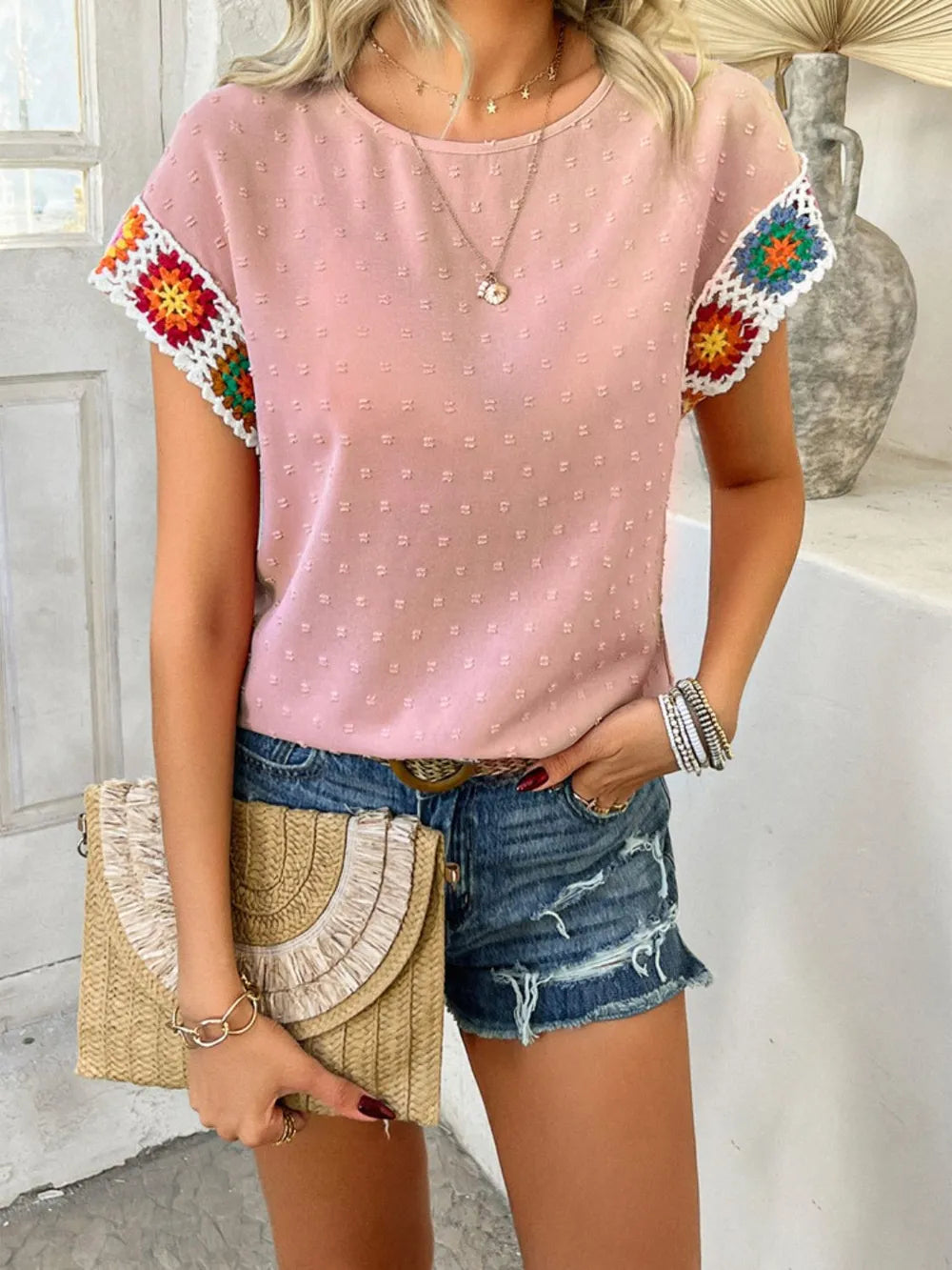 Devine Swiss Dot Round Neck Crochet Short Sleeve Top in Blush Pink