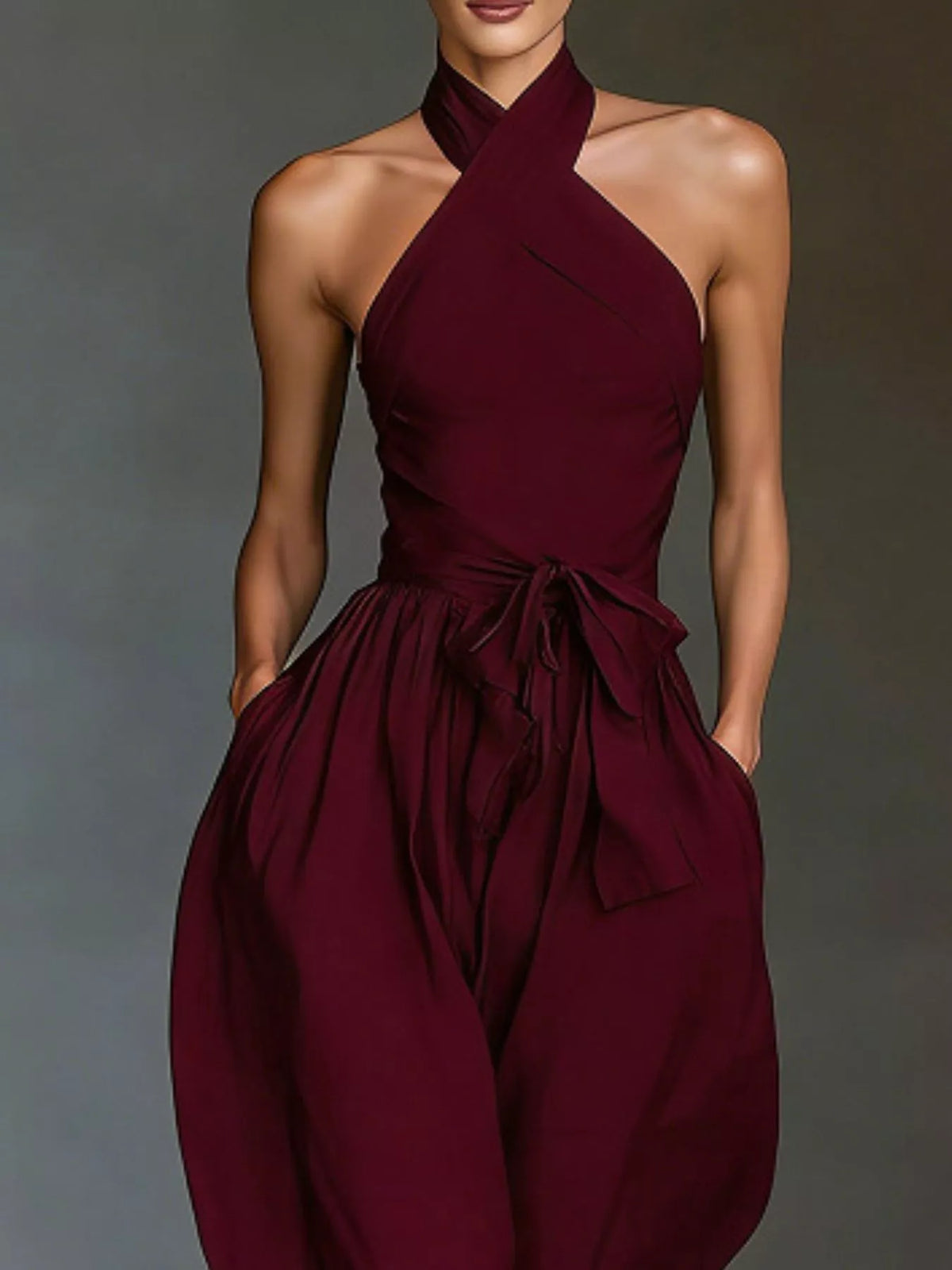 Halter Neck Wide-Leg Jumpsuit with Waist-Tie Detail - Lilixa.store