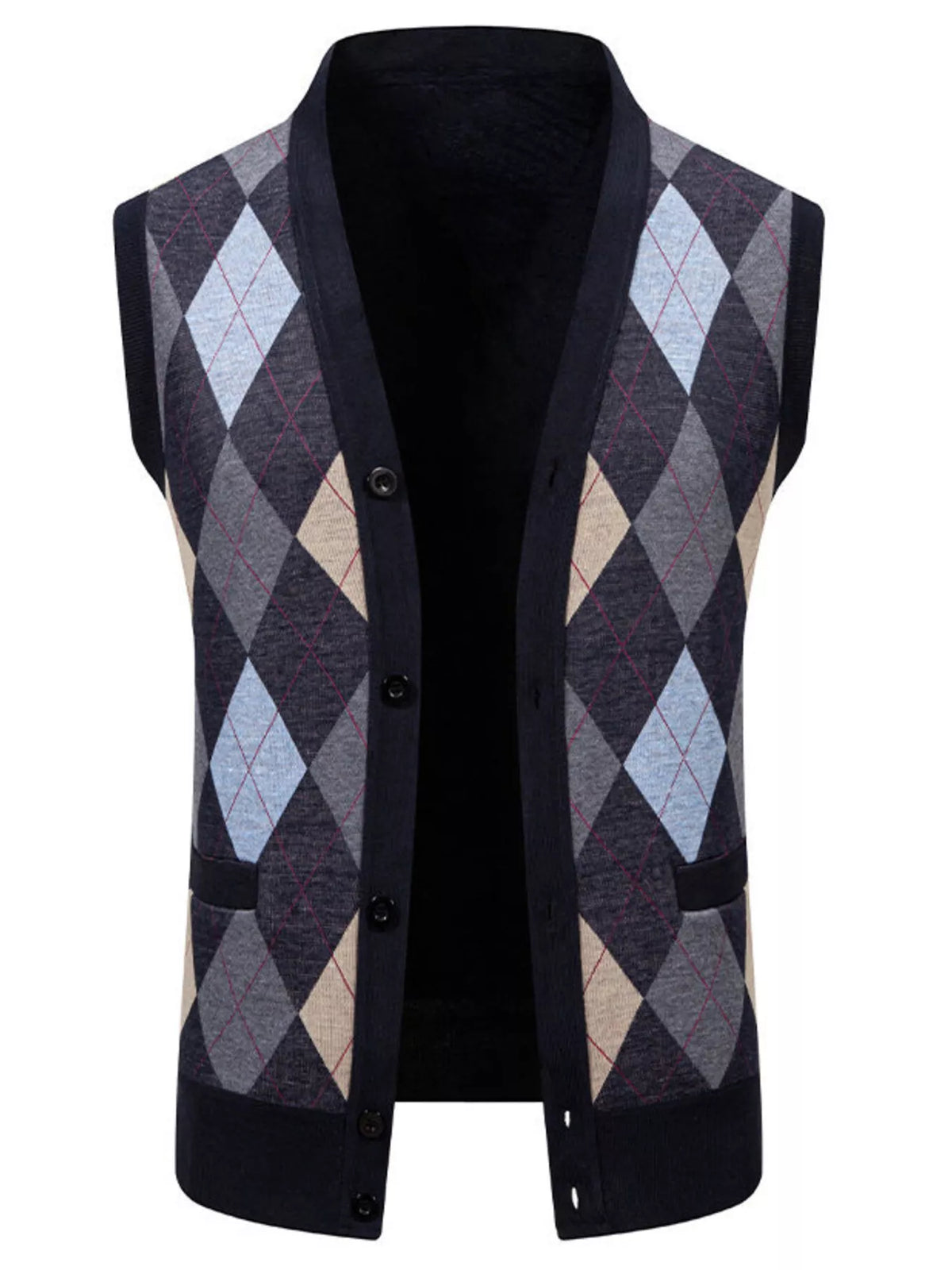 Men's Plus Size Argyle Pattern V-Neck Button-Down Cardigan Vest - Lilixa.store