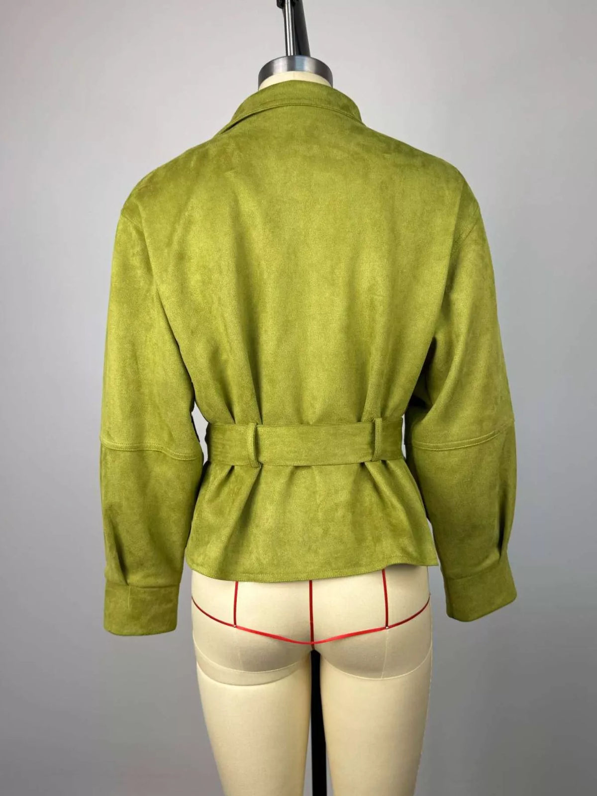 Tie Waist Long Sleeve Cropped Jacket in Matcha Green, view 7