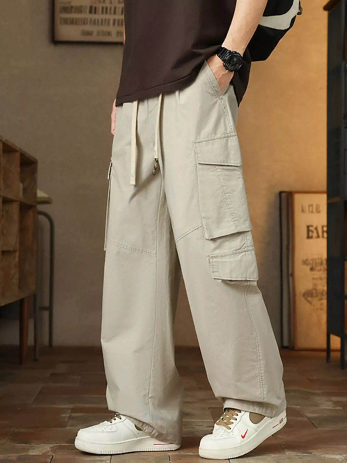 Men's Plus Size Loose Fit Cargo Pants with Drawstring in Light Gray