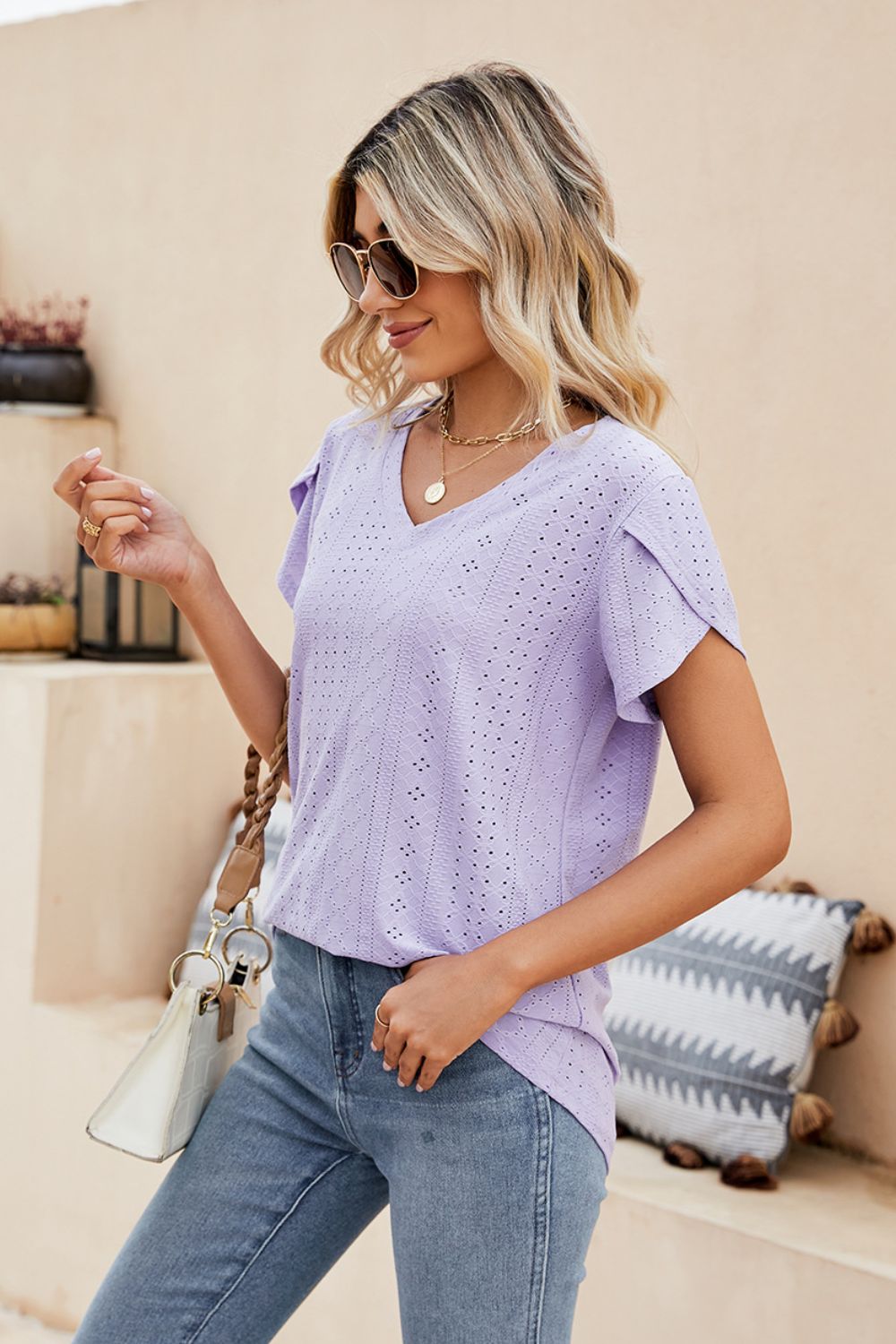 Eyelet Petal Sleeve V-Neck Knit Top, view 4