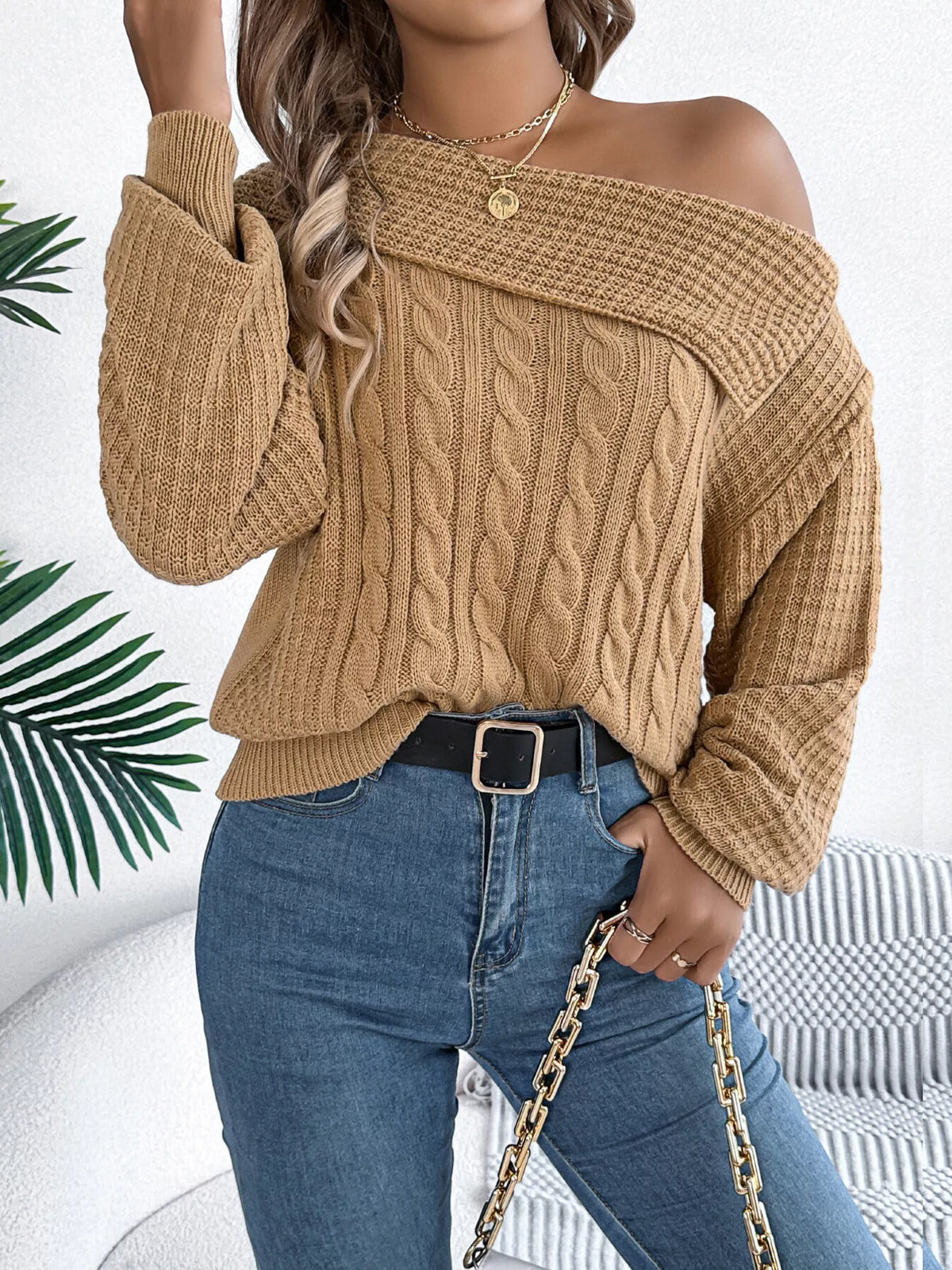 One Shoulder Cable Knit Sweater - Lilixa.store