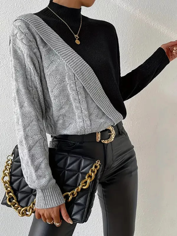 Color Block Cable Knit Mock Neck Sweater - Lilixa.store
