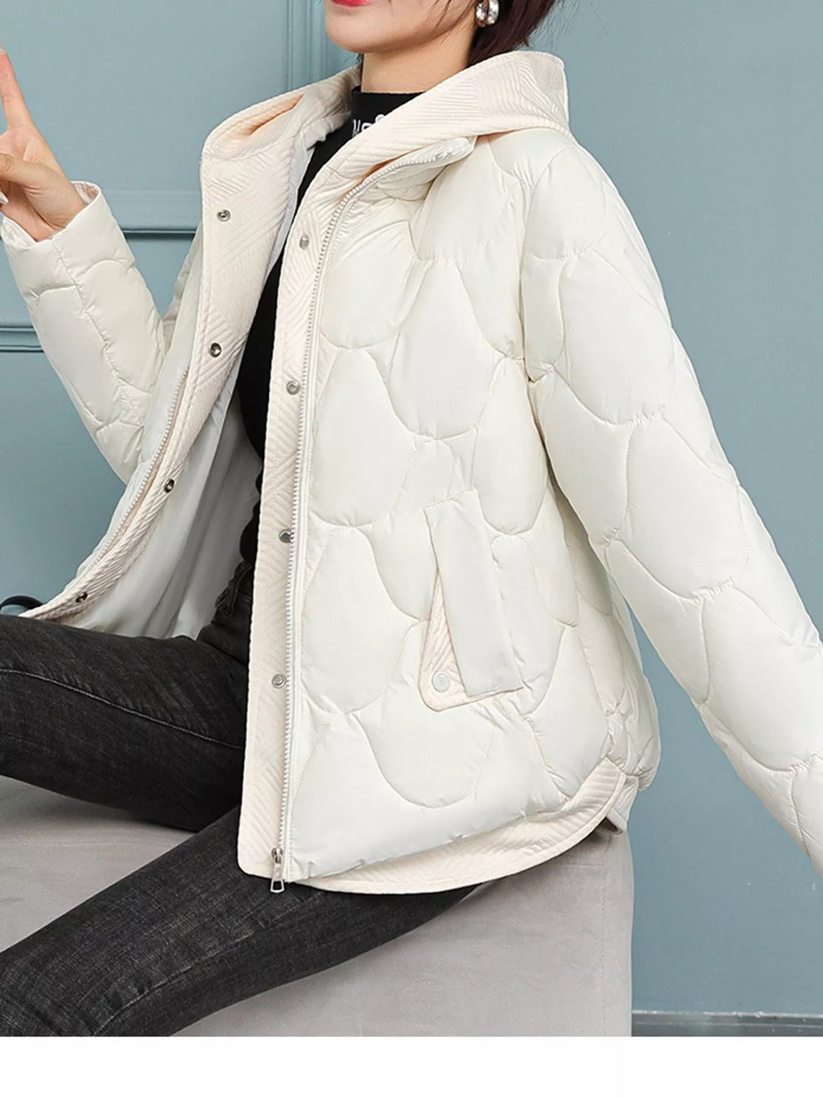Plus Size Quilted Hooded Puffer Jacket with Snap-Button Closure in Beige White