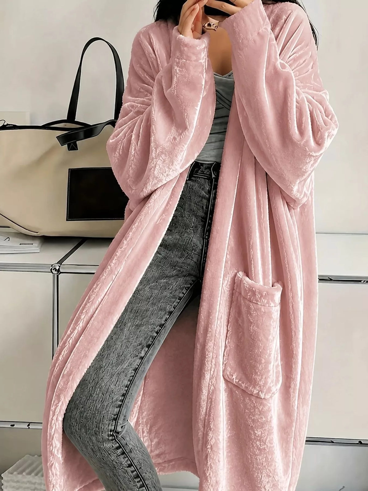 Full Size Velvet Open-Front Longline Outerwear Plus Size - Lilixa.store