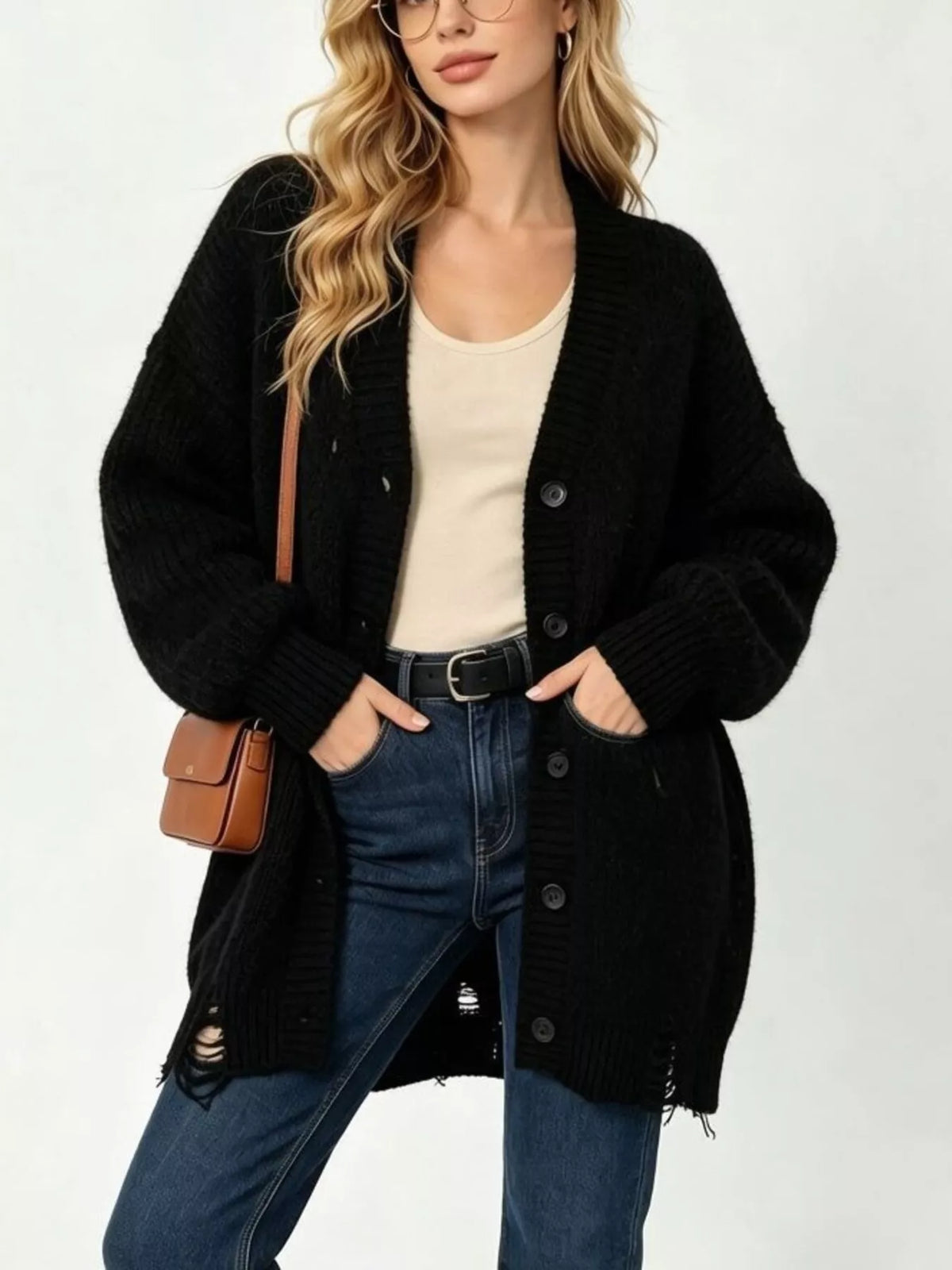 Full Size Distressed Oversized V-Neck Button-Down Cardigan Plus Size in Black