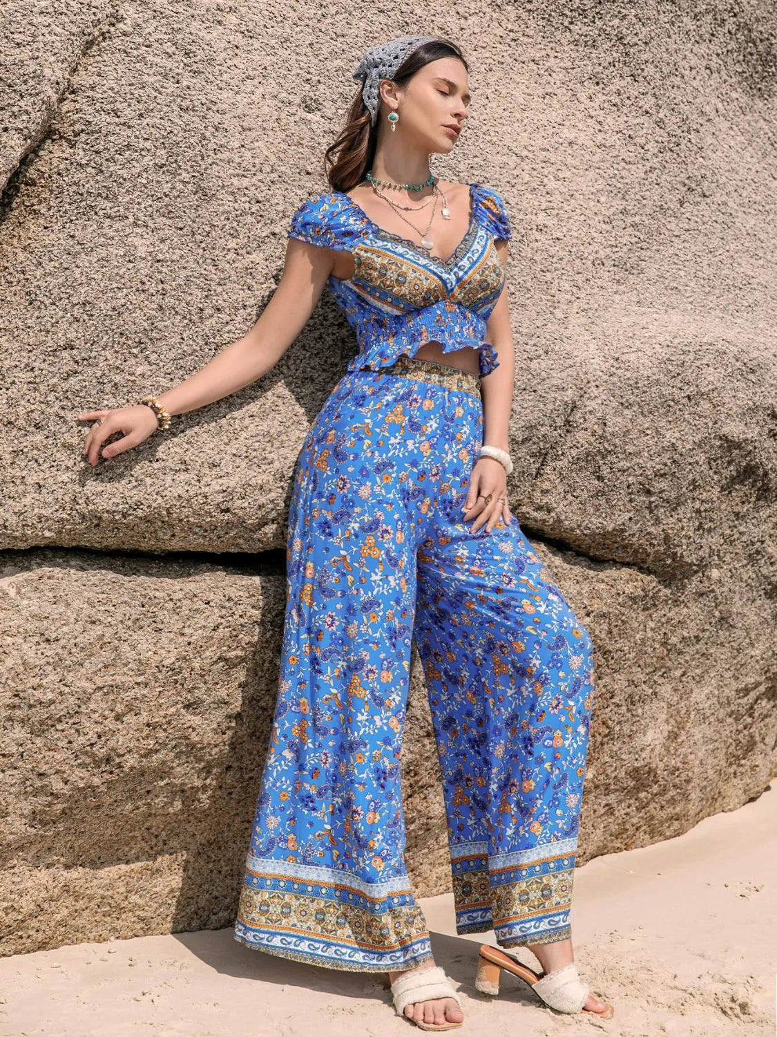 Printed V-Neck Top and Pants Set