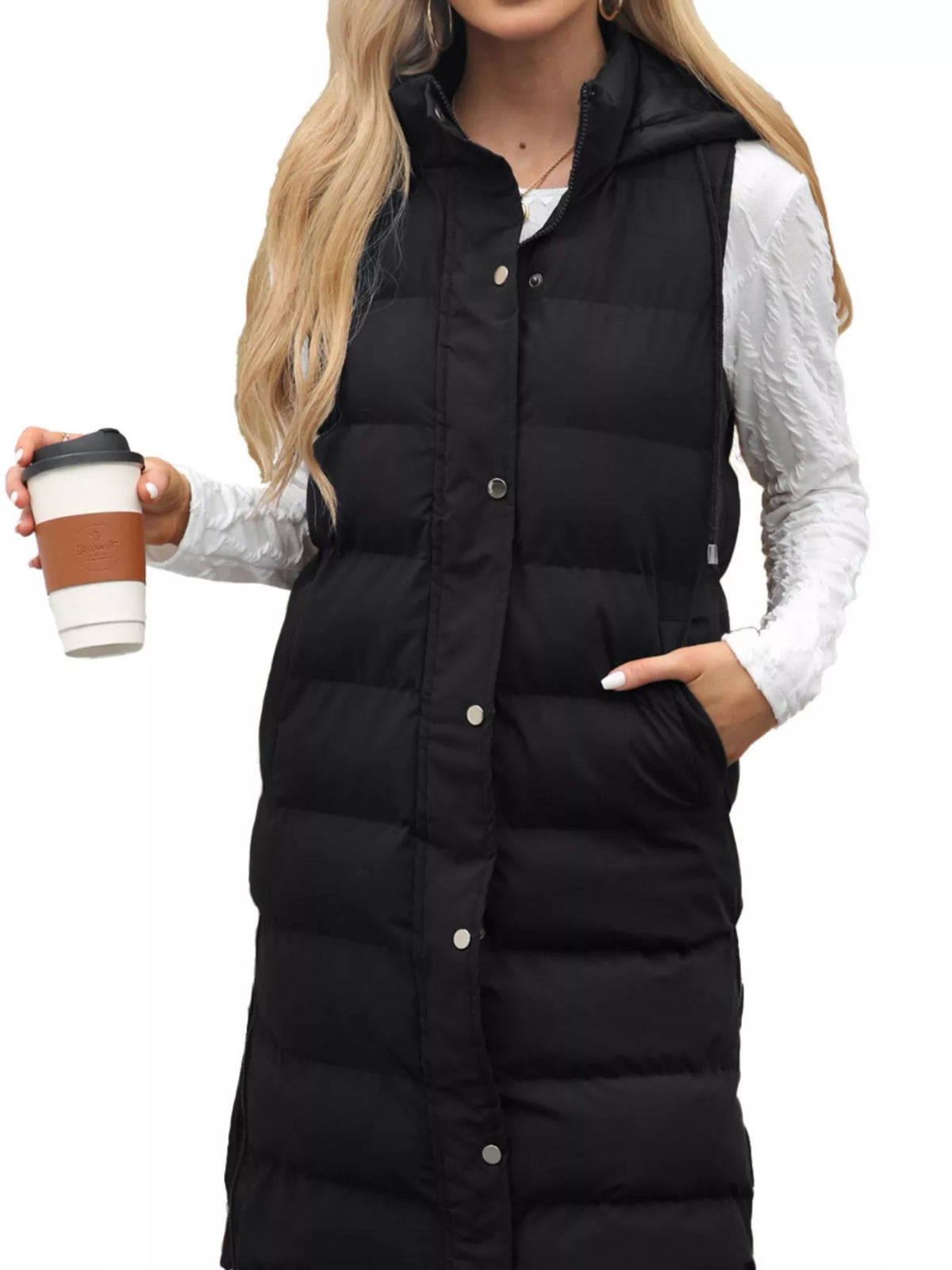 Full Size Snap Down Hooded Padded Longline Vest Coat Plus Size - Lilixa.store