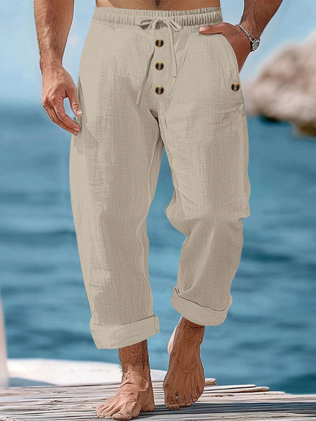 Men's Full Size Button-Fly Drawstring Pants Plus Size in Khaki