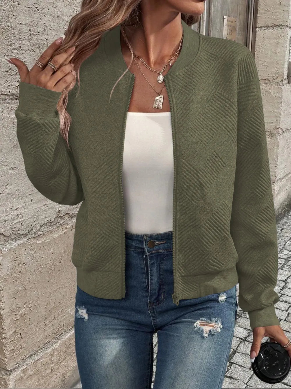 Textured Zip Up Long Sleeve Jacket, view 19