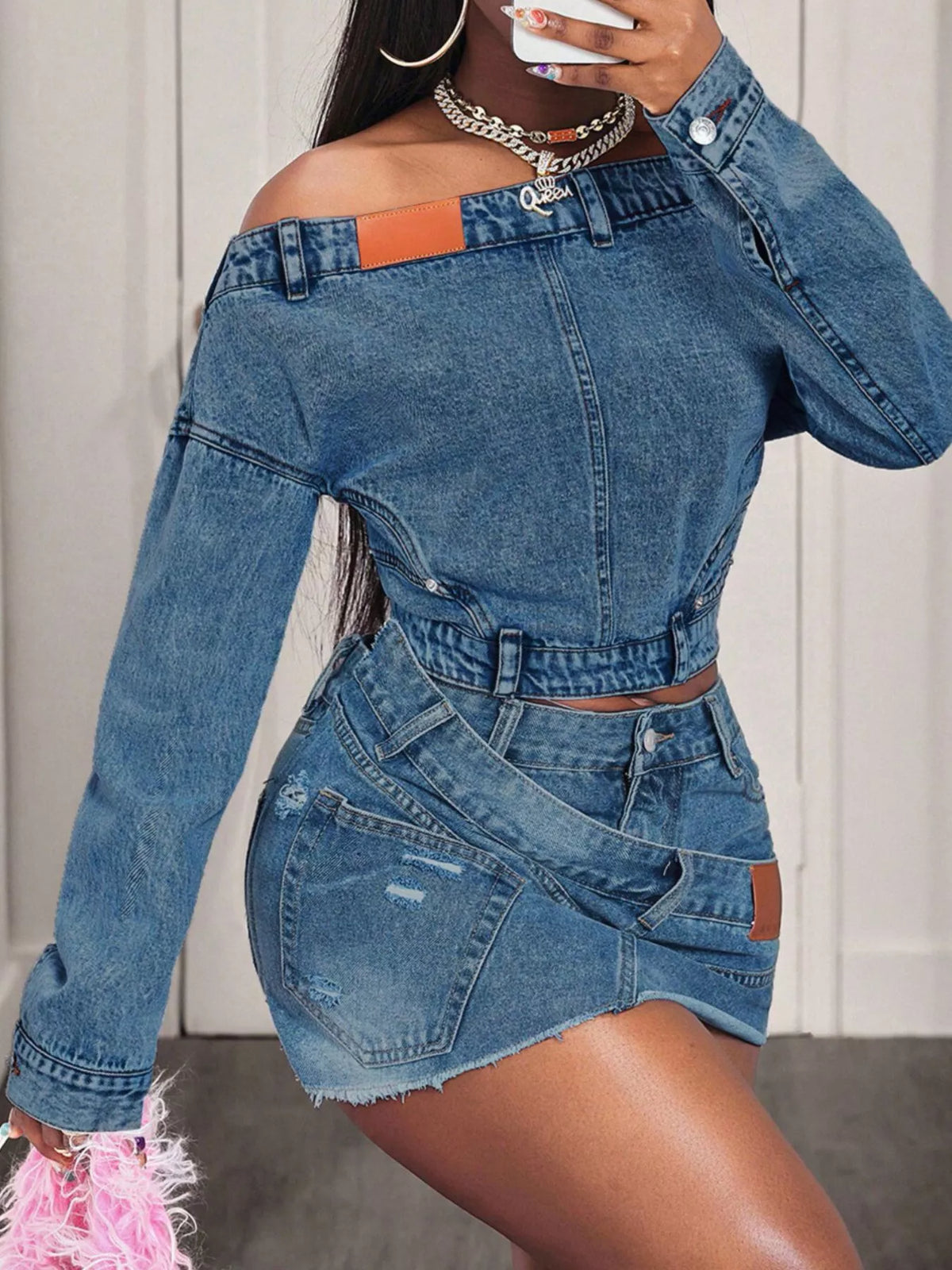 Off-Shoulder Long Sleeve Denim Top, view 4