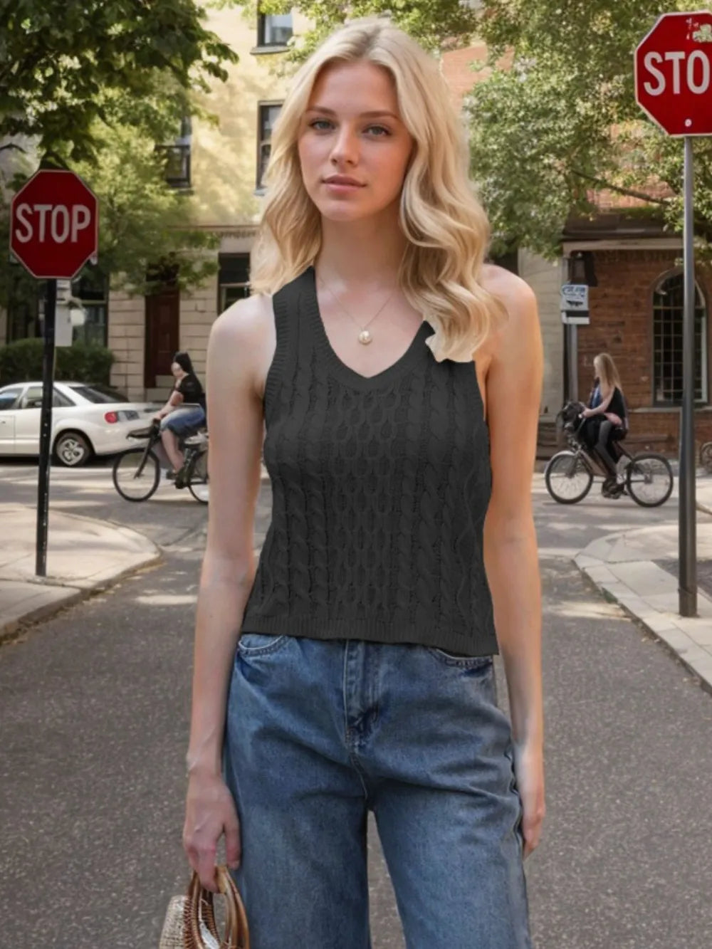 Cable-Knit V-Neck Knit Tank in Black