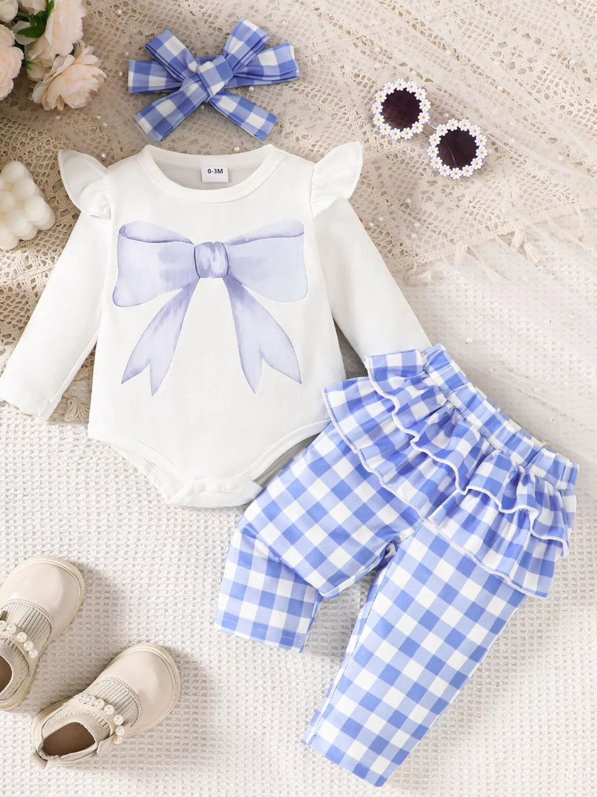 Children's Ruffled Bow Graphic Bodysuit and Pants Set with Headband - Lilixa.store