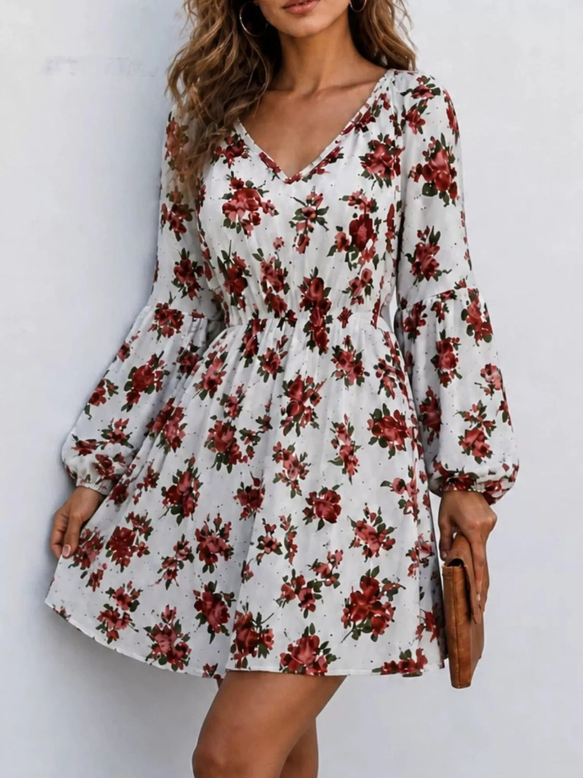 Floral Print V-Neck Long Sleeve Mini Dress - Lilixa.store