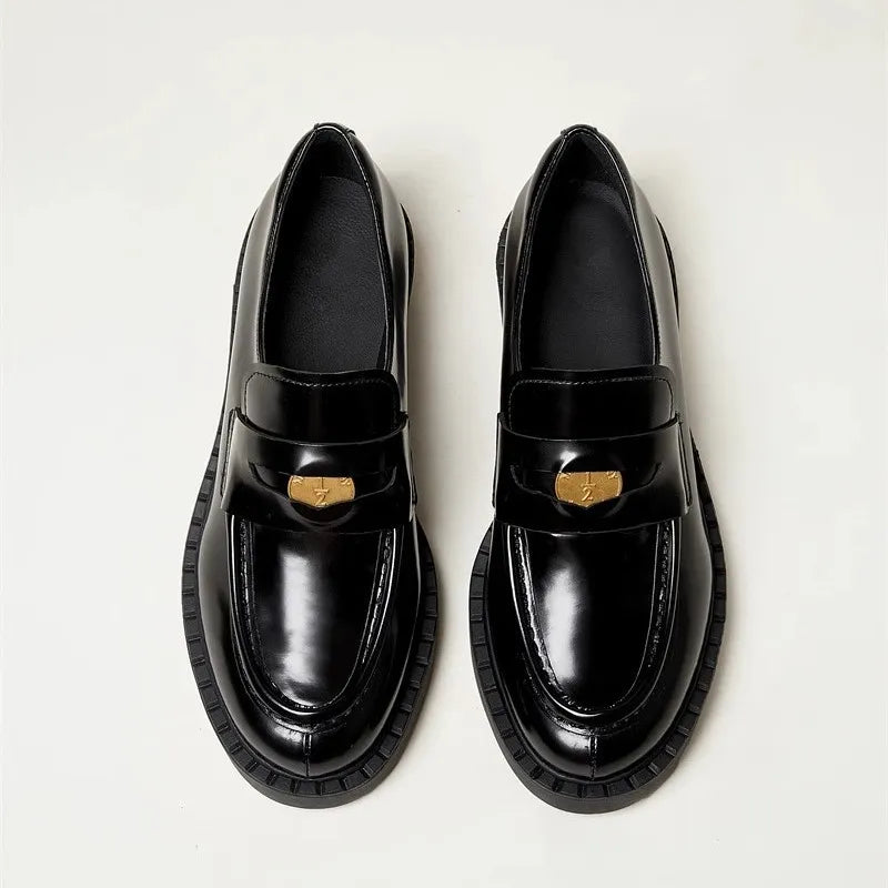 Round Toe Block Heel Loafers in Black