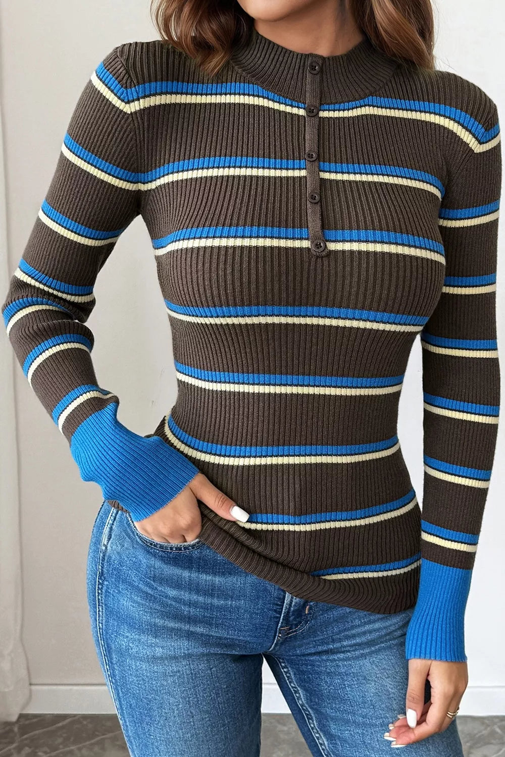 Ribbed Knit Contrast Cuff Henley Button Sweater
