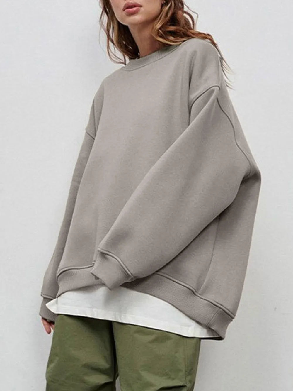 Round Neck Dropped Shoulder Long Sleeve Sweatshirt - Lilixa.store