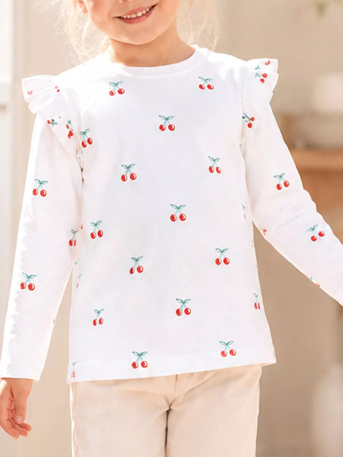 Children's Cherry & Flower Print Ruffled Long Sleeve T-Shirt - Lilixa.store