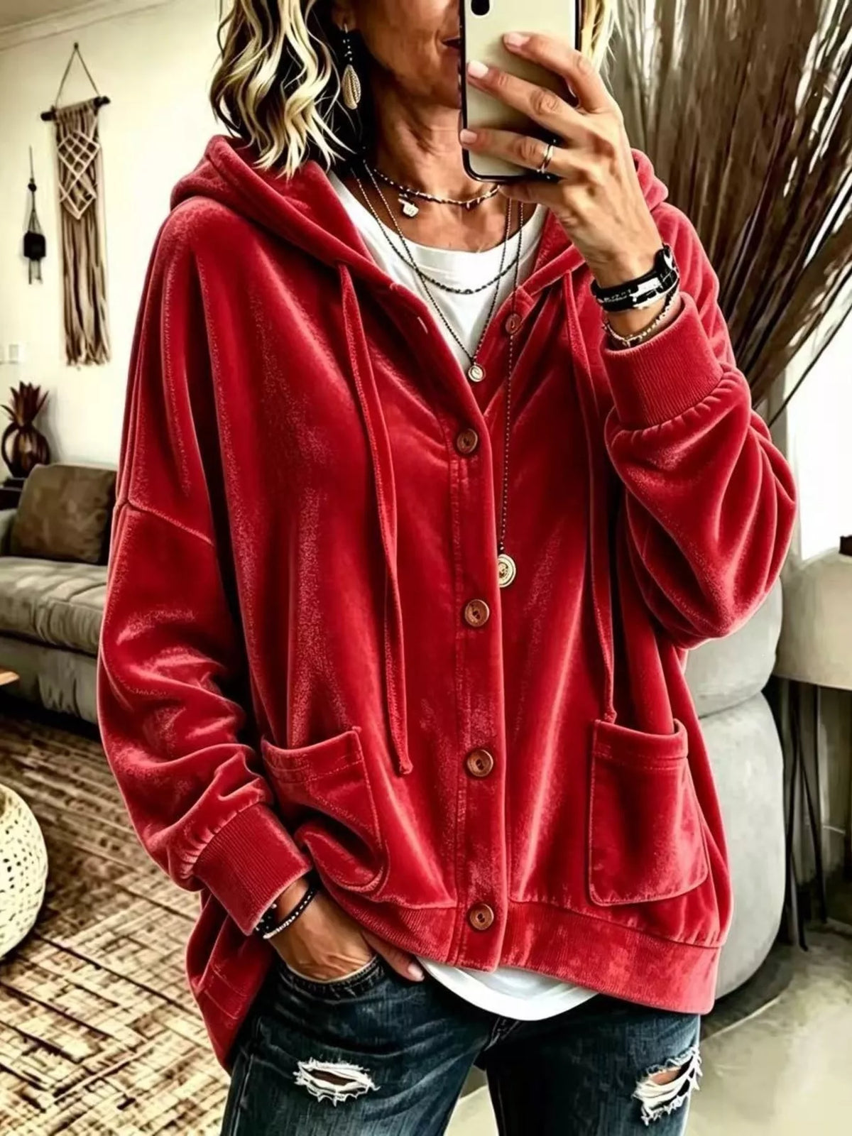 Full Size Casual Button-Down Hooded Outerwear Plus Size in Red