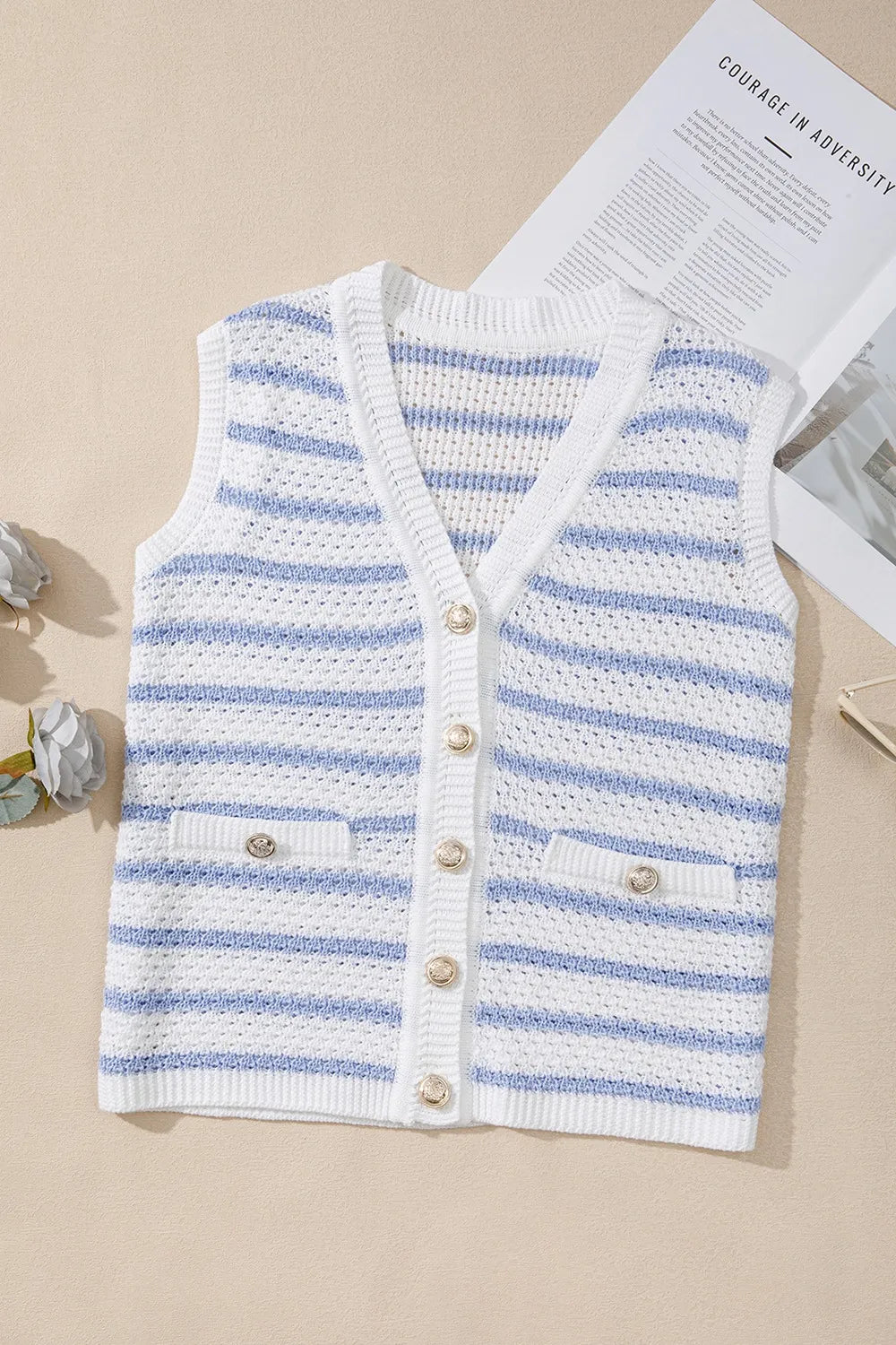 Stripe V Neck Gold Buttons Elegant Sweater Vest - Lilixa.store