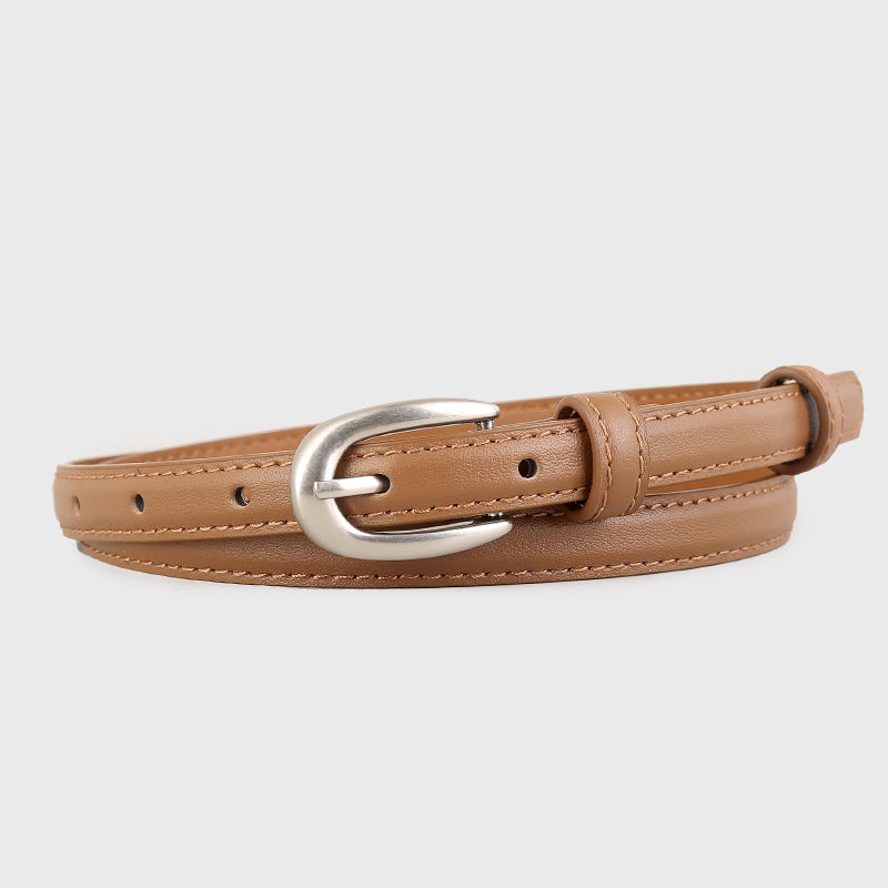 Leather Skinny Belt with Silver Buckle in Caramel