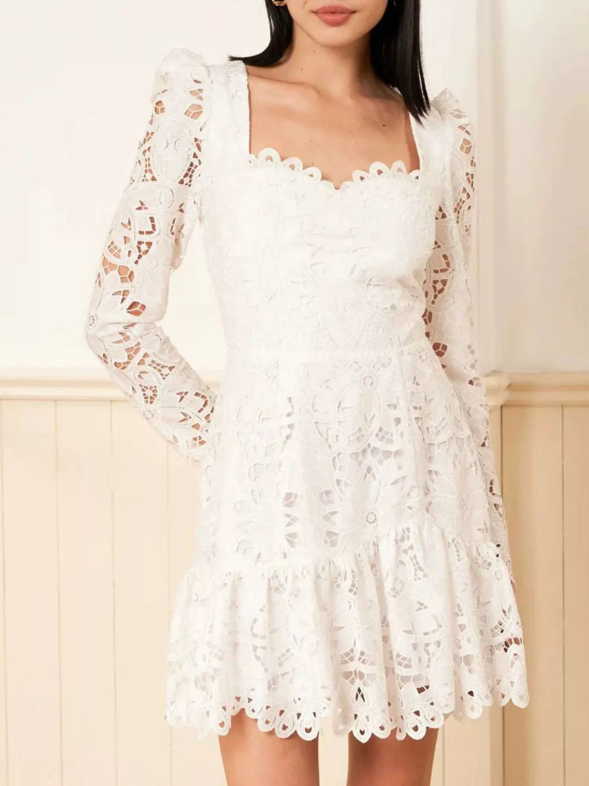 Lace Long-Sleeve Mini Dress with Scalloped Neckline in White
