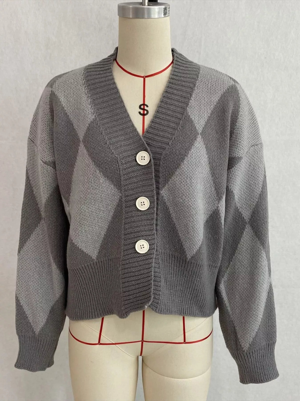 Argyle Pattern V-Neck Button-Down Cardigan, view 16