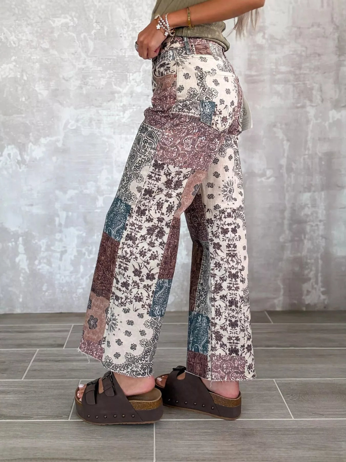Boho-Chic Patchwork Print Flare Pants in Red, view 4