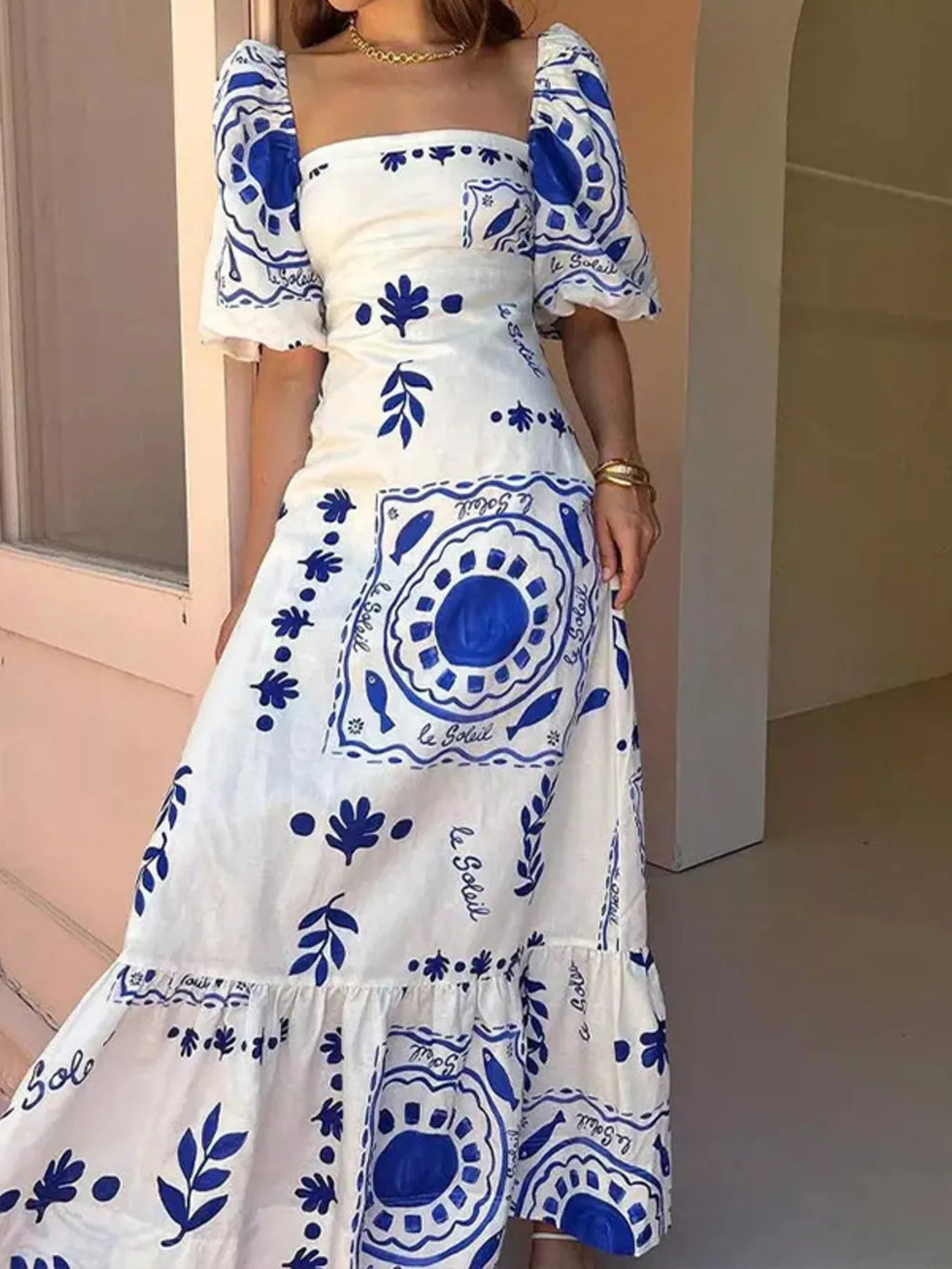 Full Size Floral Print Puff Sleeve Maxi Dress Plus Size - Lilixa.store