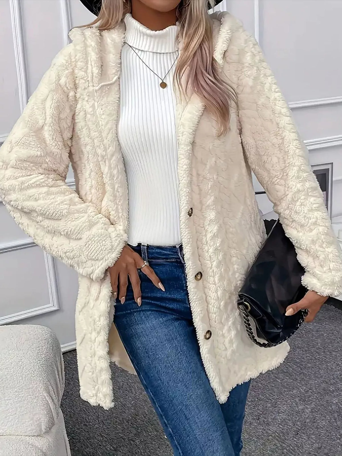 Faux Fur Teddy Coat with Button Front in Cream