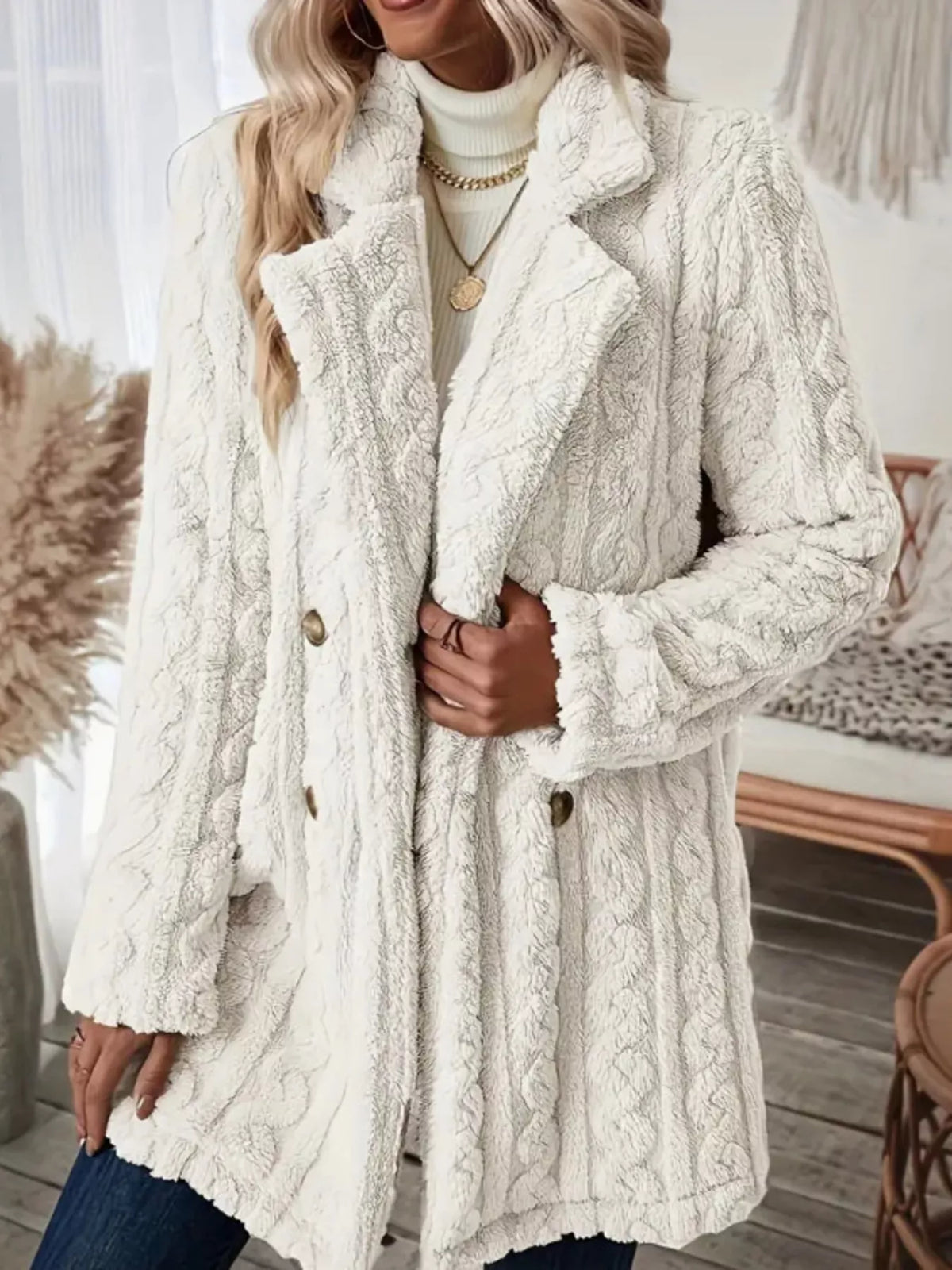 Cozy Faux Shearling Double-Breasted Outerwear, view 3