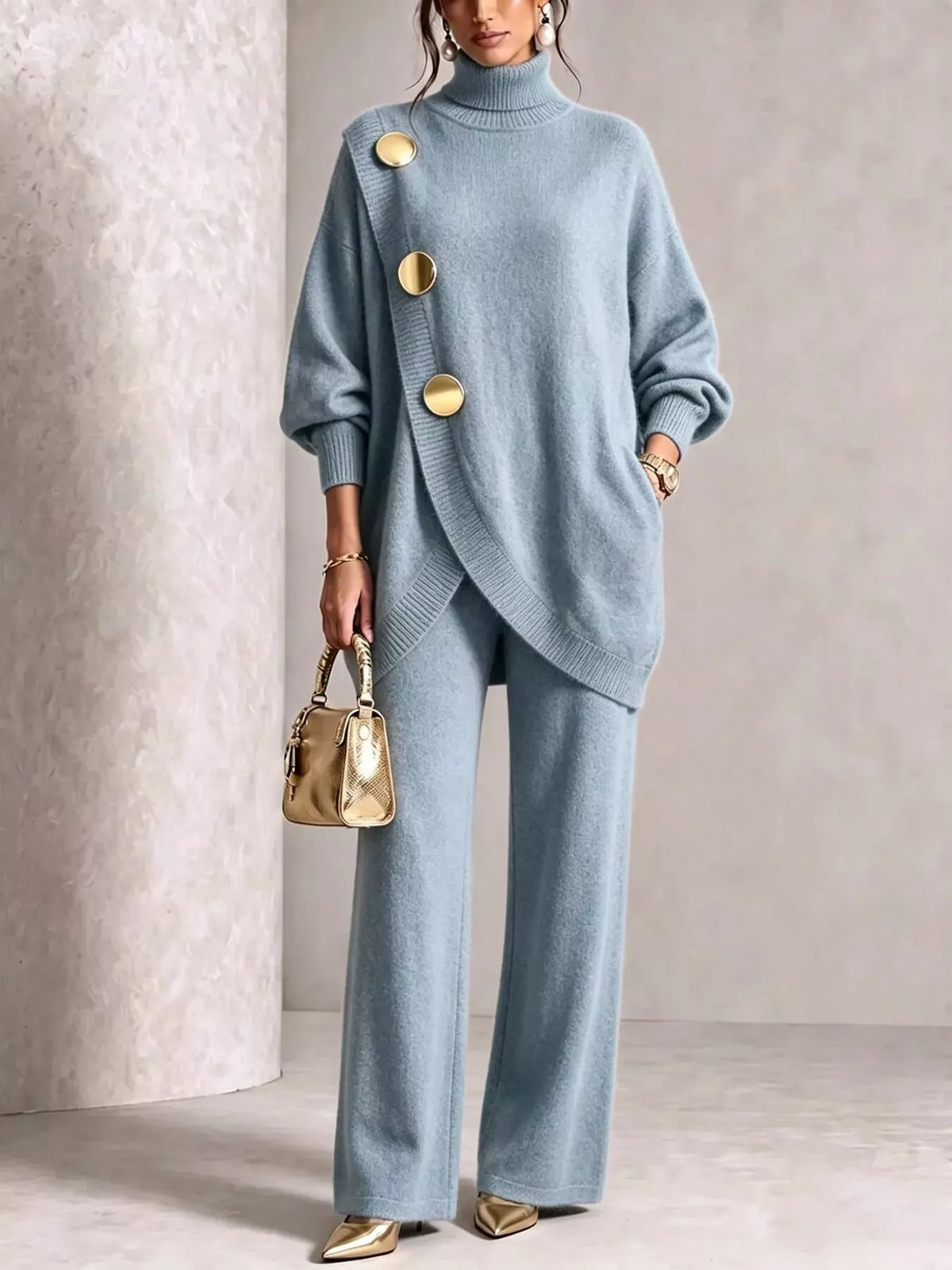 Gold Button Accent Turtleneck Sweater and Pants Set in Light Blue