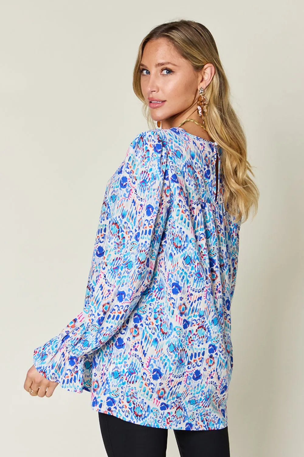 Double Take Full Size Printed Flounce Sleeve Blouse - Lilixa.store