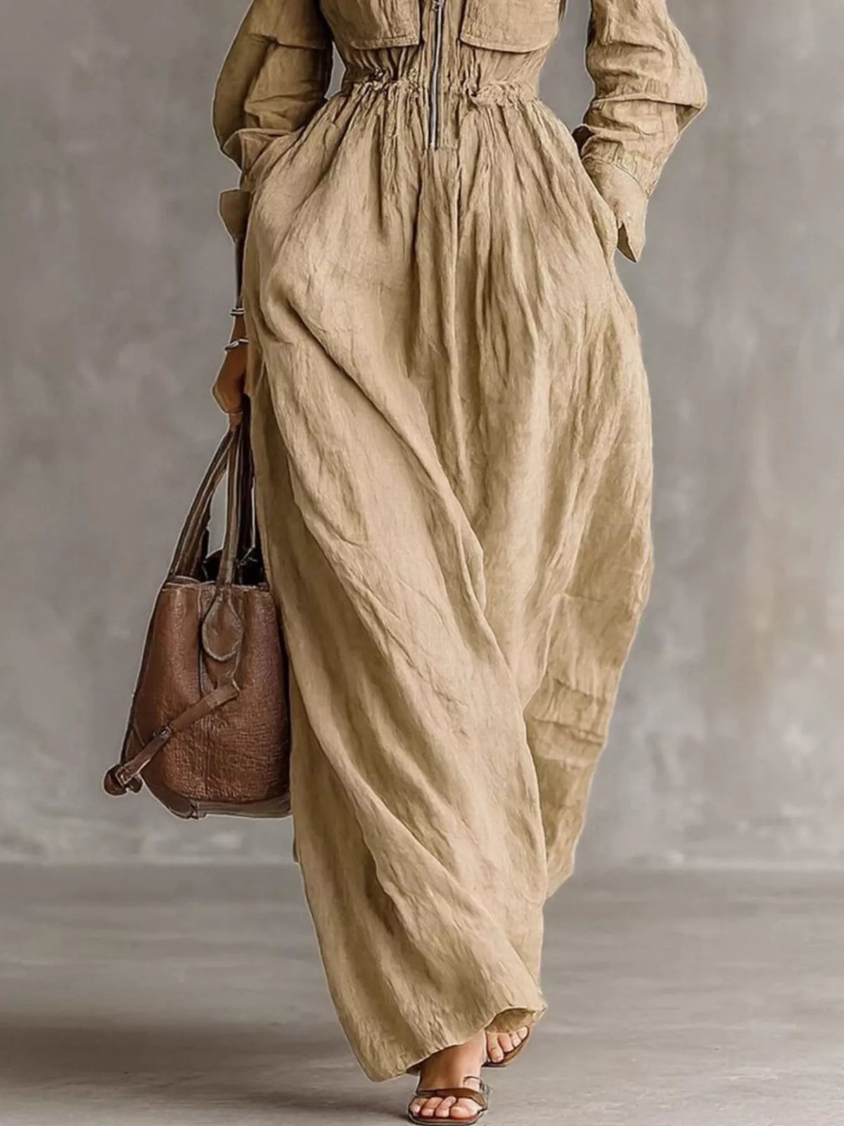 Zip-Front Long Sleeve Maxi Shirt Dress in Beige