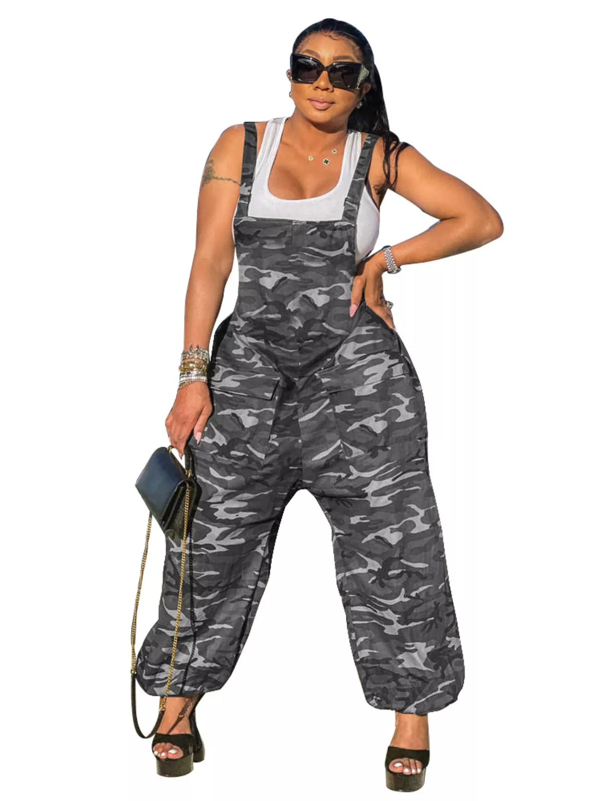 Casual Camouflage Square Neck Overalls in Gray Camouflage, view 3