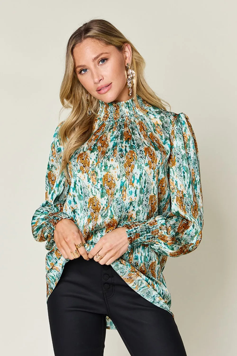 Double Take Full Size Printed Smocked Long Sleeve Blouse - Lilixa.store