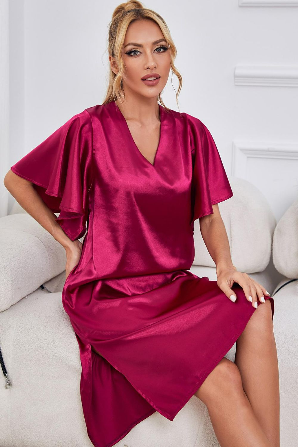 Satin Flutter Sleeve Side Slit V-Neck Night Dress - Lilixa.store